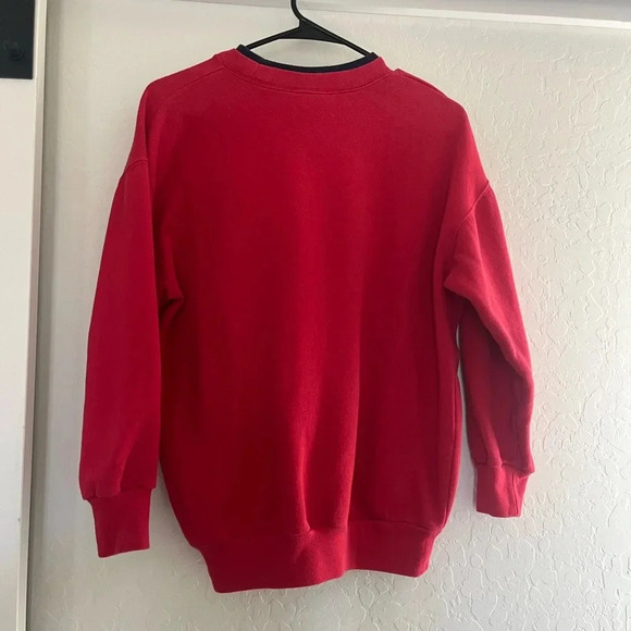 Vintage red crewneck sweatshirt long sleeve blue collar patchwork design grandma - Picture 3 of 4
